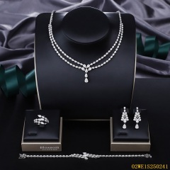 Blossom CS Jewelry 925 Silver Double Layer Teardrop V Drop Cubic Zirconia Bridal 4Pcs Jewelry Set