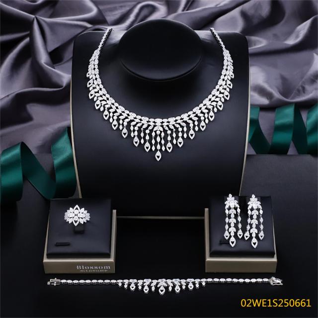 Blossom CS Jewelry 925 Silver Marquise Fringe Bib Cubic Zirconia Bridal 4Pcs Jewelry Set
