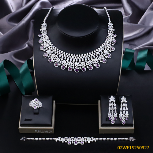Blossom CS Jewelry 925 Silver Purple Teardrop Cubic Zirconia Fringe Bib Bridal 4Pcs Jewelry Set