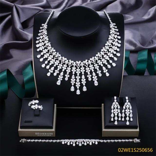 Blossom CS Jewelry 925 Silver Teardrop Waterfall Bib Cubic Zirconia Bridal 4Pcs Jewelry Set