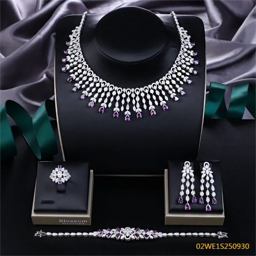 Blossom CS Jewelry 925 Silver Purple Teardrop Fringe Bib Cubic Zirconia Bridal 4Pcs Jewelry Set