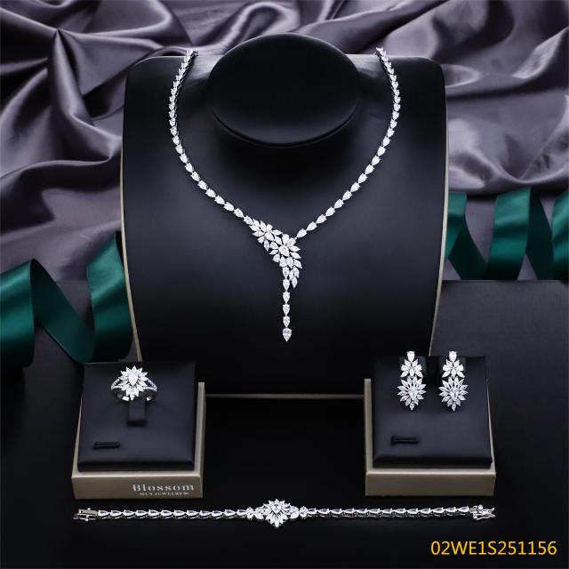 Blossom CS Jewelry 925 Silver Teardrop Marquise Y Drop Cubic Zirconia 4Pcs Bridal Jewelry Set