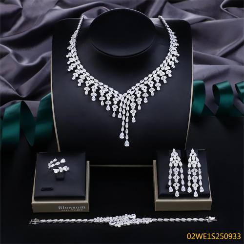 Blossom CS Jewelry 925 Silver Teardrop V Shape Fringe Cubic Zirconia Bridal 4Pcs Jewelry Set