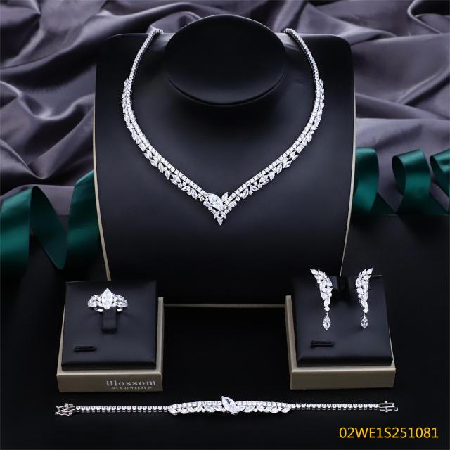 Blossom CS Jewelry 925 Silver Marquise V Shape Tennis Cubic Zirconia 4Pcs Bridal Jewelry Set