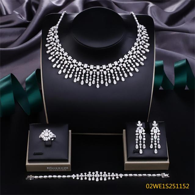Blossom CS Jewelry 925 Silver Multi Cut Teardrop Fringe Bib Cubic Zirconia 4Pcs Bridal Jewelry Set