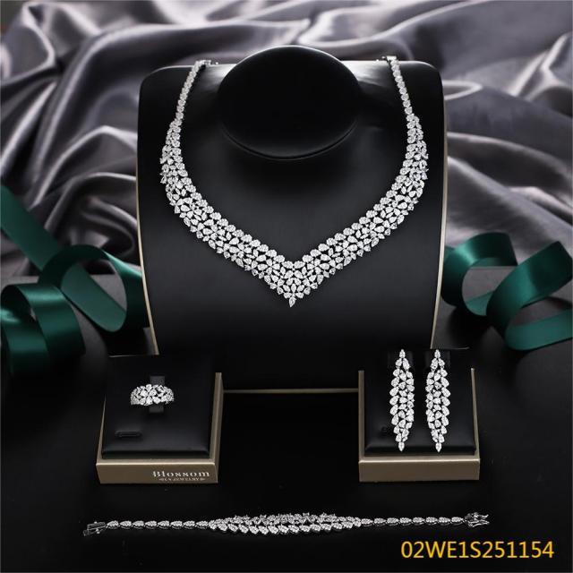 Blossom CS Jewelry 925 Silver Teardrop Marquise V Shape Cubic Zirconia 4Pcs Bridal Jewelry Set