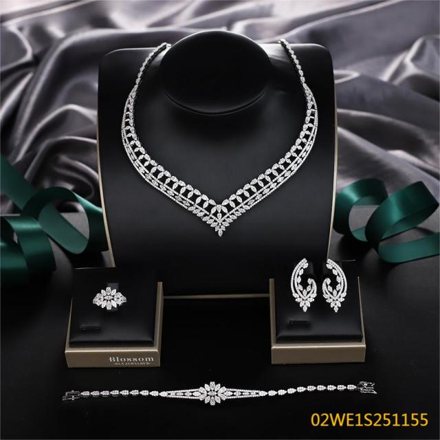 Blossom CS Jewelry 925 Silver Hollow V Shape Floral Cubic Zirconia 4Pcs Bridal Jewelry Set