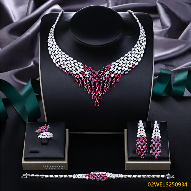Blossom CS Jewelry 925 Silver Red Teardrop Marquise Cubic Zirconia Fringe Bib 4Pcs Bridal Jewelry Set