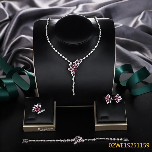 Blossom CS Jewelry 925 Silver Teardrop Floral Y Drop Cubic Zirconia 4Pcs Bridal Jewelry Set