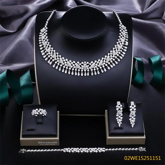 Blossom CS Jewelry 925 Silver Multi Cut Cubic Zirconia Fringe 4Pcs Bridal Jewelry Set