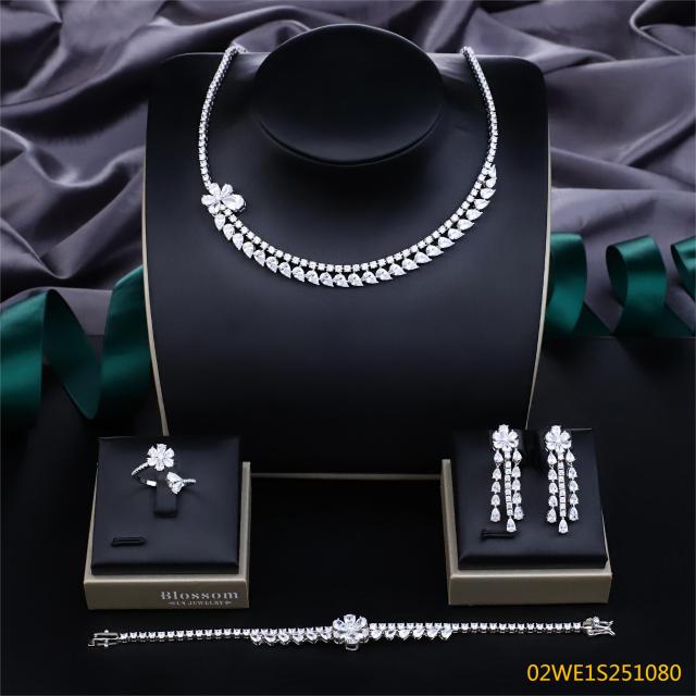 Blossom CS Jewelry 925 Silver Teardrop Cubic Zirconia Tennis 4Pcs Bridal Jewelry Set