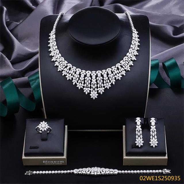 Blossom CS Jewelry 925 Silver Floral V Shape Cubic Zirconia Bib 4Pcs Bridal Jewelry Set