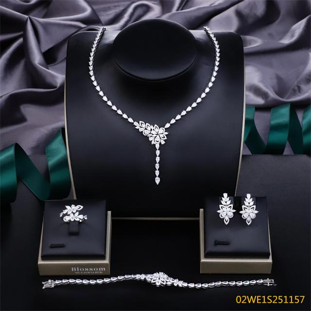 Blossom CS Jewelry 925 Silver Teardrop Floral Y Drop Cubic Zirconia 4Pcs Bridal Jewelry Set
