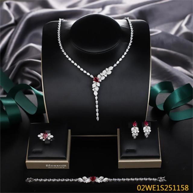 Blossom CS Jewelry 925 Silver Red Teardrop Floral Y Drop Cubic Zirconia 4Pcs Bridal Jewelry Set