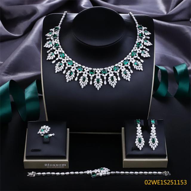 Blossom CS Jewelry 925 Silver Emerald Green Cubic Zirconia Floral Fringe 4Pcs Bridal Jewelry Set