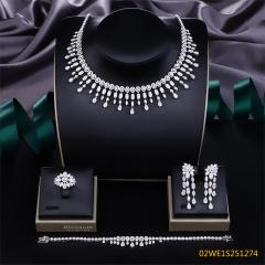 Blossom CS Jewelry 925 Silver Round & Teardrop Clear Cubic Zirconia Fringe 4Pcs Bridal Jewelry Set Wholesale