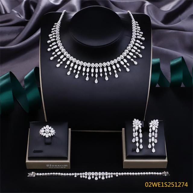 Blossom CS Jewelry 925 Silver Round & Teardrop Clear Cubic Zirconia Fringe 4Pcs Bridal Jewelry Set Wholesale