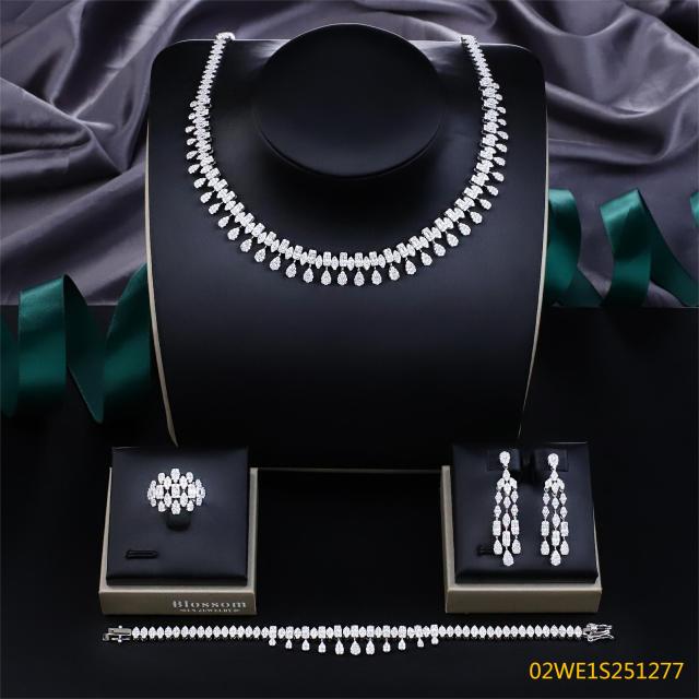 Blossom CS Jewelry 925 Silver Baguette & Teardrop Clear Cubic Zirconia Fringe Collar 4Pcs Bridal Jewelry Set Wholesale