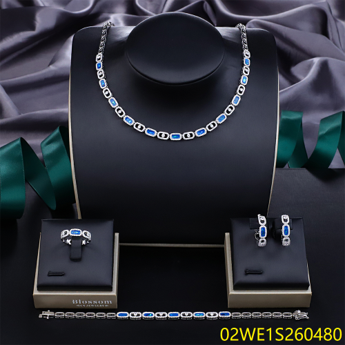 Blossom CS Jewelry 925 Silver Blue Rectangle Cubic Zirconia 4Pcs Bridal Jewelry Set Wholesale