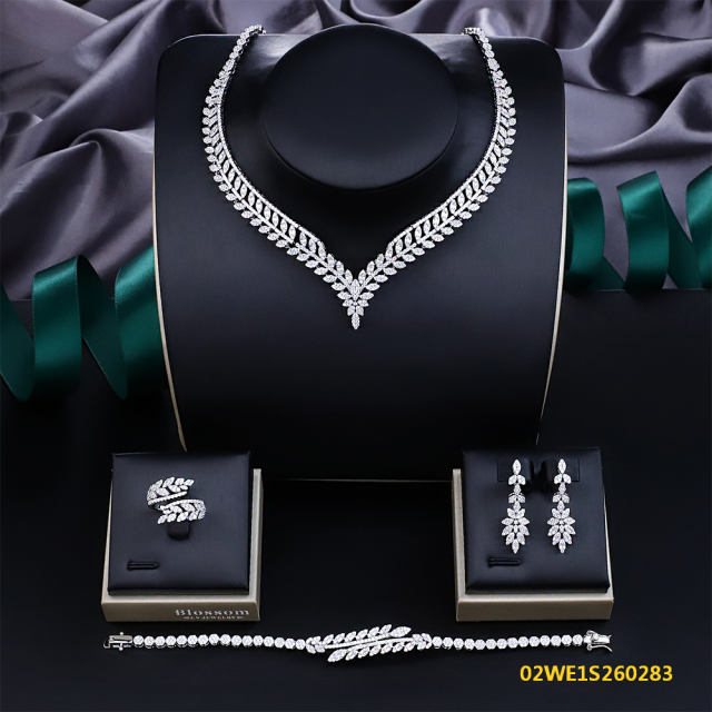 Blossom CS Jewelry 925 Silver Marquise Leaf Cubic Zirconia V Shape 4Pcs Bridal Jewelry Set Wholesale