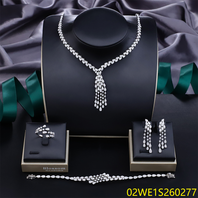 Blossom CS Jewelry 925 Silver Teardrop Cubic Zirconia Waterfall Tassel V Y Drop 4Pcs Bridal Jewelry Set Wholesale