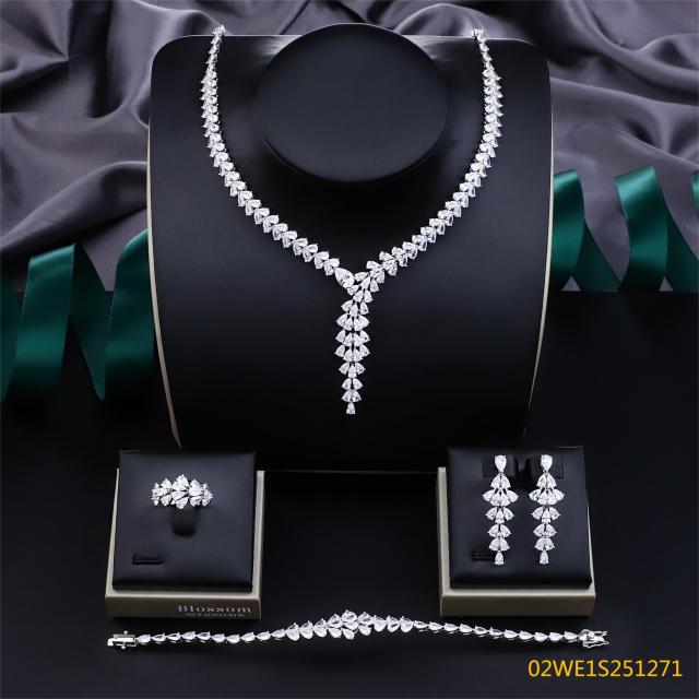 Blossom CS Jewelry 925 Silver Teardrop Clear Cubic Zirconia Y Drop 4Pcs Bridal Jewelry Set Wholesale