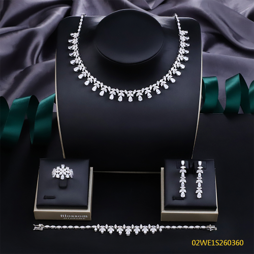 Blossom CS Jewelry 925 Silver Teardrop Cubic Zirconia Floral Collar 4Pcs Bridal Jewelry Set Wholesale