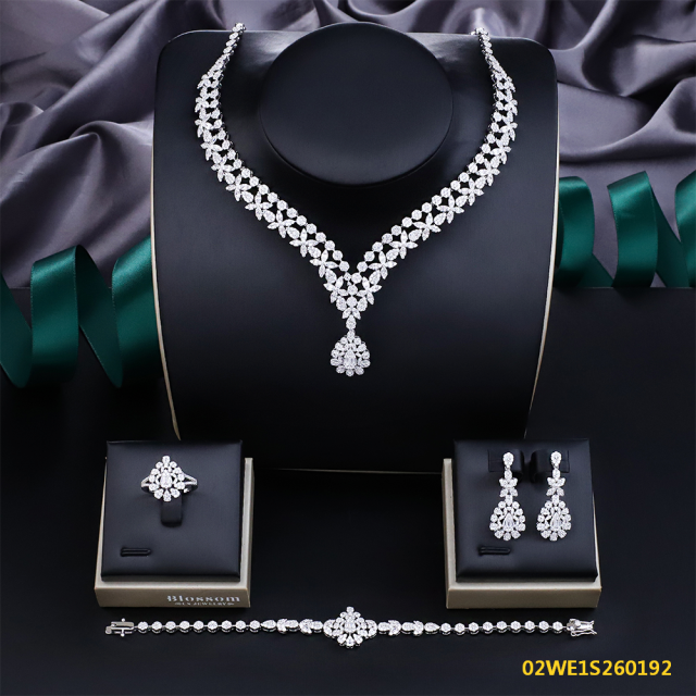 Blossom CS Jewelry 925 Silver Marquise & Teardrop Cubic Zirconia V Y Drop 4Pcs Bridal Jewelry Set Wholesale