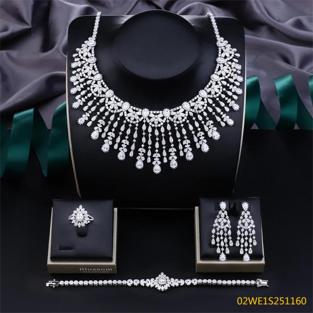 Blossom CS Jewelry 925 Silver Cascading Tassel Clear Cubic Zirconia 4Pcs Bridal Jewelry Set Wholesale