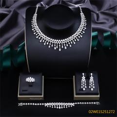 Blossom CS Jewelry 925 Silver Teardrop Clear Cubic Zirconia Fringe Collar 4Pcs Bridal Jewelry Set Wholesale