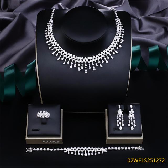 Blossom CS Jewelry 925 Silver Teardrop Clear Cubic Zirconia Fringe Collar 4Pcs Bridal Jewelry Set Wholesale