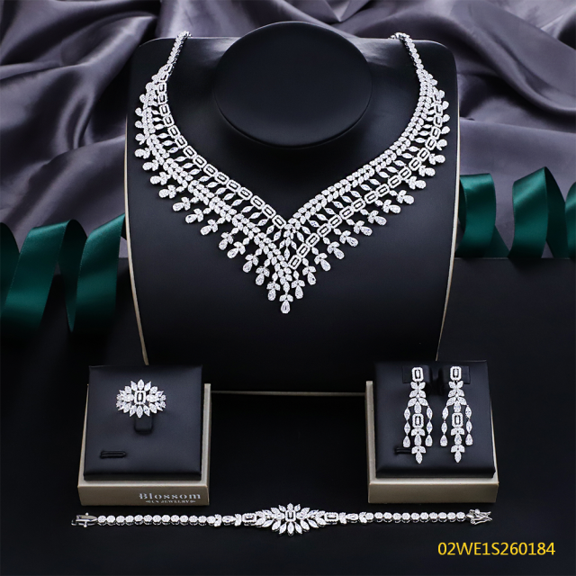 Blossom CS Jewelry 925 Silver Baguette & Teardrop Clear Cubic Zirconia V Collar 4Pcs Bridal Jewelry Set Wholesale
