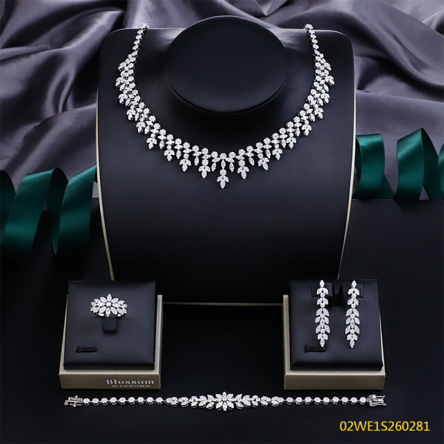 Blossom CS Jewelry 925 Silver Marquise Floral Cluster Cubic Zirconia Collar 4Pcs Bridal Jewelry Set Wholesale