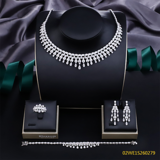Blossom CS Jewelry 925 Silver Marquise & Teardrop Cubic Zirconia Fringe Collar 4Pcs Bridal Jewelry Set Wholesale
