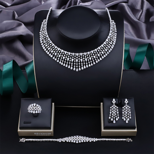 Blossom CS Jewelry 925 Silver Round & Teardrop Cubic Zirconia Tassel Collar 4Pcs Bridal Jewelry Set Wholesale