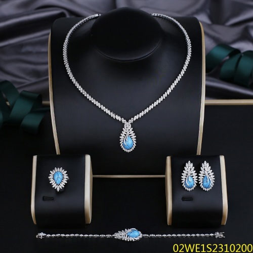 Blossom CS Jewelry 925 Silver Teardrop Turquoise & Clear Cubic Zirconia 4Pcs Bridal Jewelry Set Wholesale