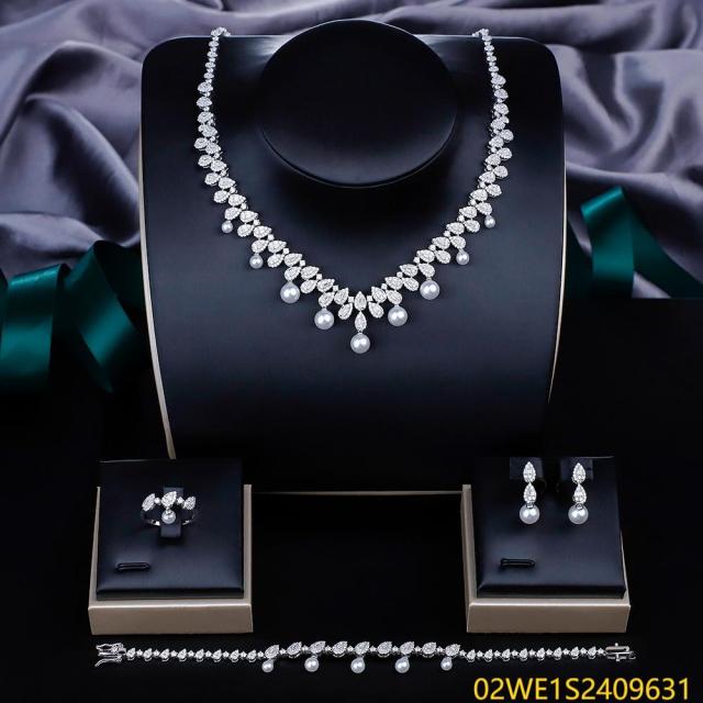 Blossom CS Jewelry 925 Sterling Silver Pearl & CZ V Drop Bridal 4Pcs Jewelry Set