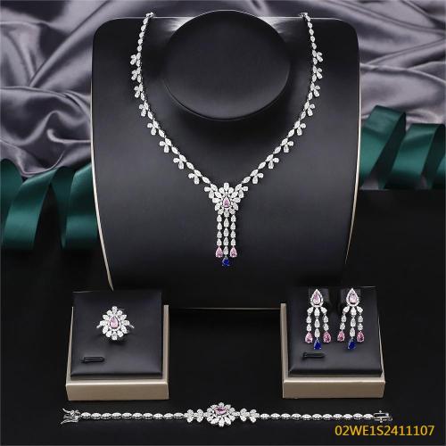 Blossom CS Jewelry 925 Sterling Silver Pink & Blue CZ Floral Fringe Y-Drop Bridal 4Pcs Set