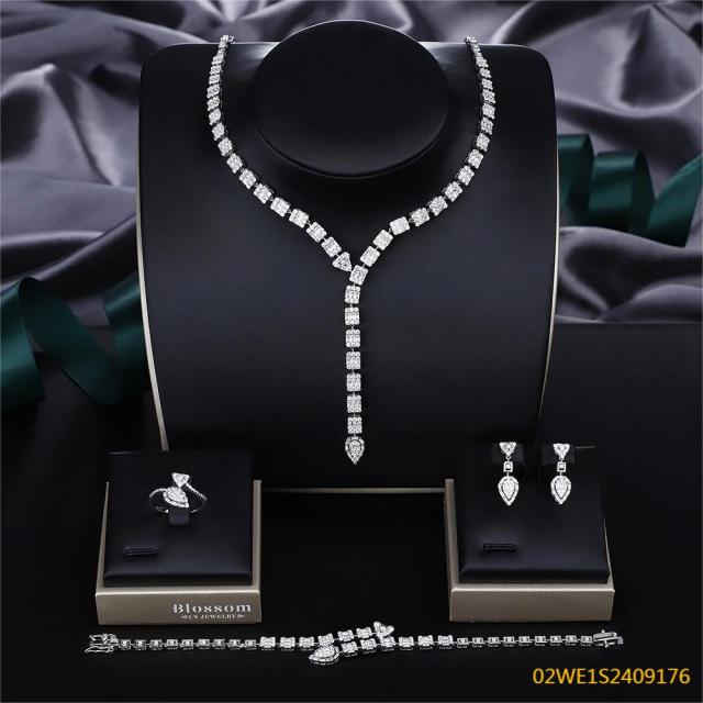 Blossom CS Jewelry 925 Sterling Silver Mixed Cut CZ Y-Drop Bridal 4Pcs Jewelry Set