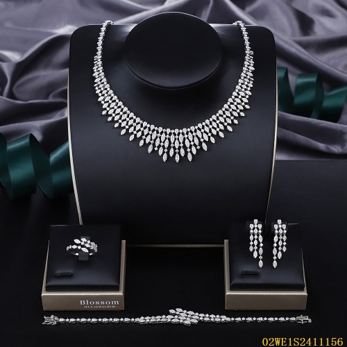 Blossom CS Jewelry 925 Sterling Silver Marquise CZ Fringe Bib Bridal 4Pcs Jewelry Set