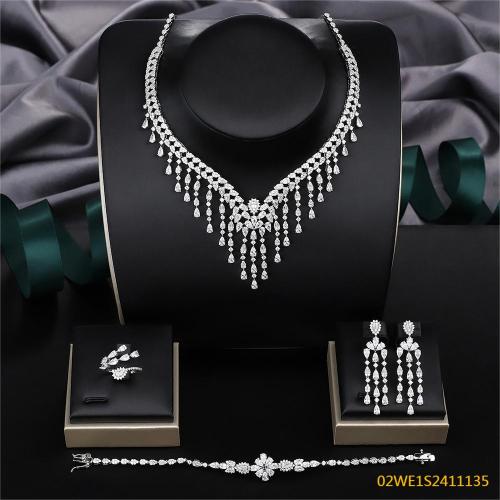 Blossom CS Jewelry 925 Sterling Silver Floral Fringe V Shape Bib Bridal 4Pcs Jewelry Set