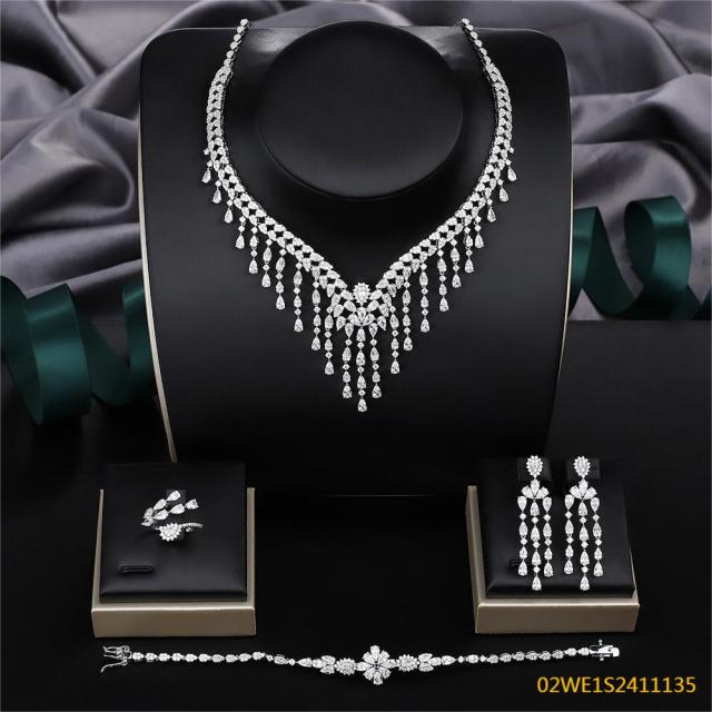 Blossom CS Jewelry 925 Sterling Silver Floral Fringe V Shape Bib Bridal 4Pcs Jewelry Set
