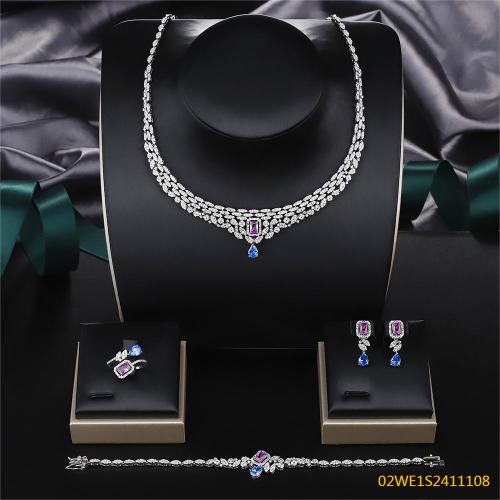 Blossom CS Jewelry 925 Sterling Silver Purple & Blue CZ V Drop Bridal 4Pcs Jewelry Set