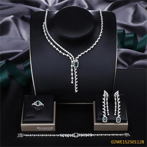 Blossom CS Jewelry 925 Sterling Silver Green CZ Y-Drop Fringe Bridal 4Pcs Jewelry Set