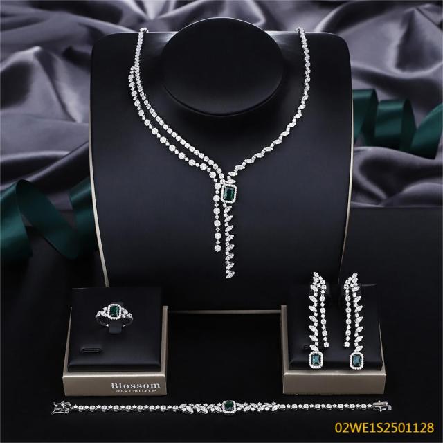 Blossom CS Jewelry 925 Sterling Silver Green CZ Y-Drop Fringe Bridal 4Pcs Jewelry Set