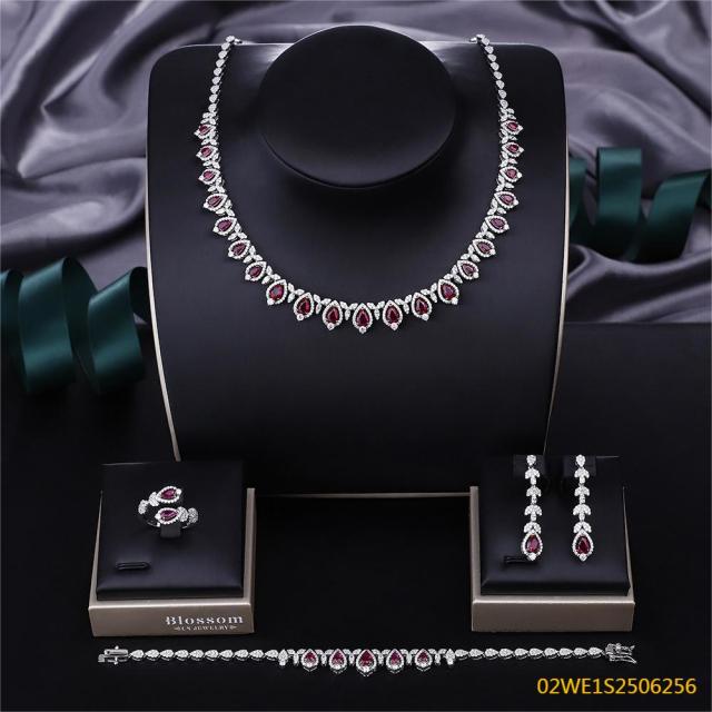 Blossom CS Jewelry 925 Sterling Silver Teardrop Red Zirconia 4Pcs Bridal Jewelry Set Necklace Earrings Ring Bracelet