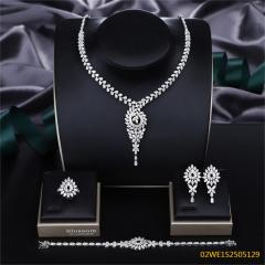 Blossom CS Jewelry 925 Sterling Silver Teardrop Zirconia Floral Y Drop 4Pcs Bridal Jewelry Set Necklace Earrings Ring Bracelet