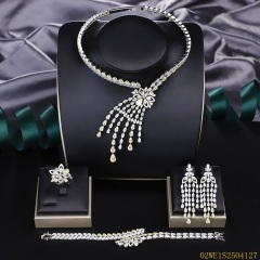 Blossom CS Jewelry 925 Sterling Silver Yellow Zirconia Floral Tassel 4Pcs Bridal Jewelry Set Necklace Earrings Ring Bracelet