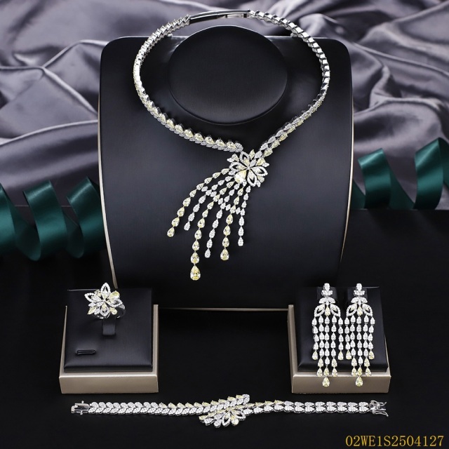 Blossom CS Jewelry 925 Sterling Silver Yellow Zirconia Floral Tassel 4Pcs Bridal Jewelry Set Necklace Earrings Ring Bracelet