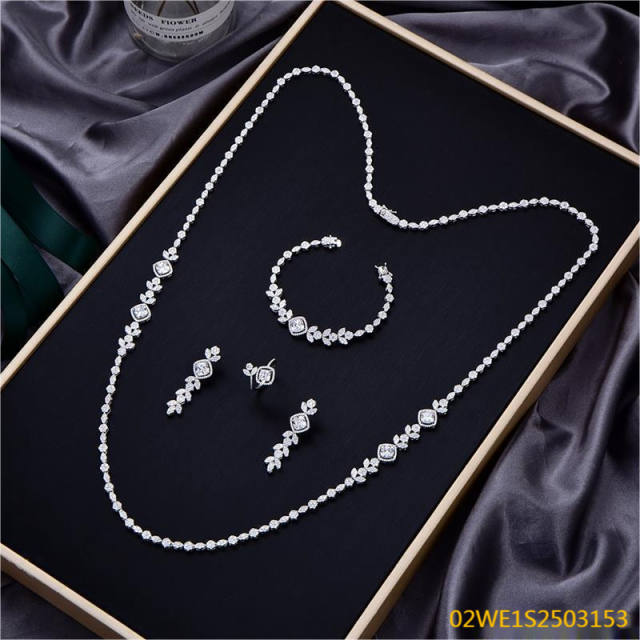 Blossom CS Jewelry 925 Sterling Silver Square Halo Zirconia Long Sweater Chain 4Pcs Bridal Jewelry Set Necklace Earrings Ring Bracelet